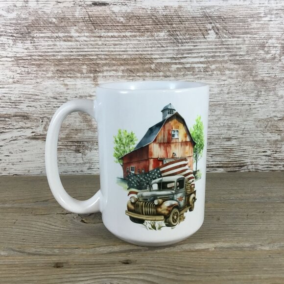 Vintage Truck Ceramic Coffee Mug Patriotic American Flag Rustic Barn - Picture 1 of 3